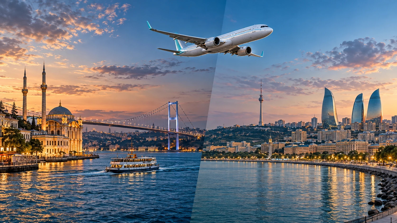 stanbul Boğazı və Bakı sahilini ayrı panellərdə, yuxarı hissədə isə sərnişin təyyarəsini göstərən şərti təsvir.